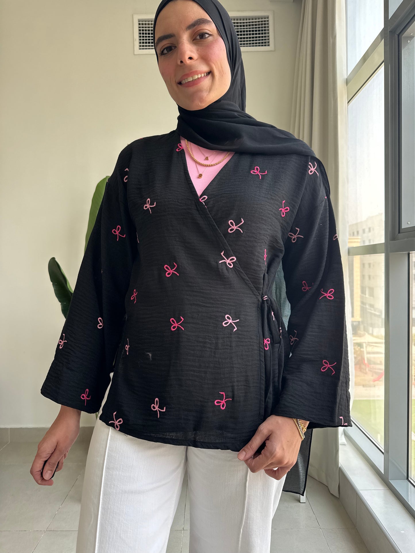 Ella’s Embroidered Linen Wrap Blouse