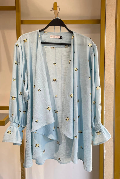 Ella’s Baby Blue Ruffles Embroidered Kimono