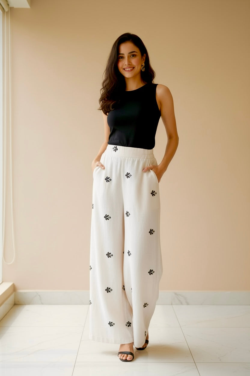 Ella's Beige Linen Embroidered Pants