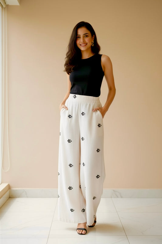 Ella's Beige Linen Embroidered Pants