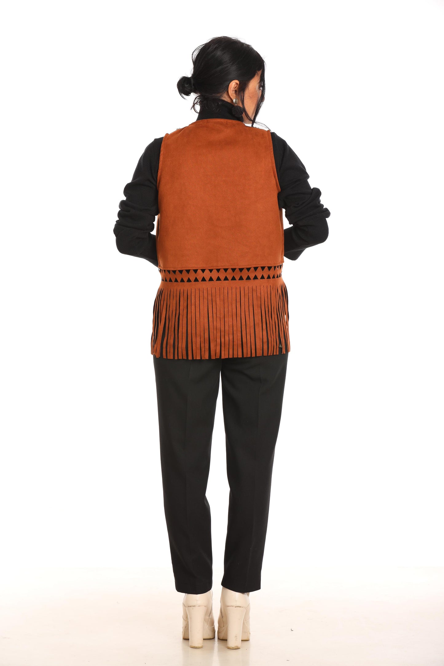 Ella's Camel Embroidery Suede Fringes Vest