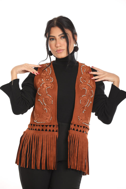 Ella's Camel Embroidery Suede Fringes Vest