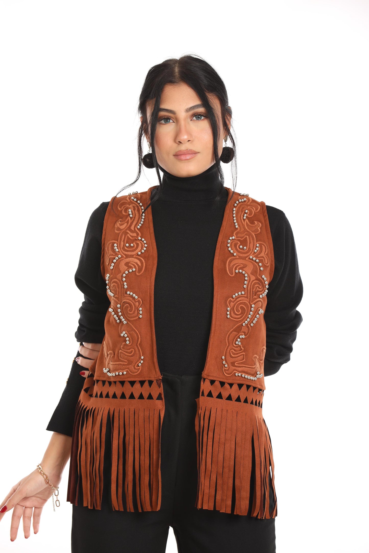 Ella's Camel Embroidery Suede Fringes Vest