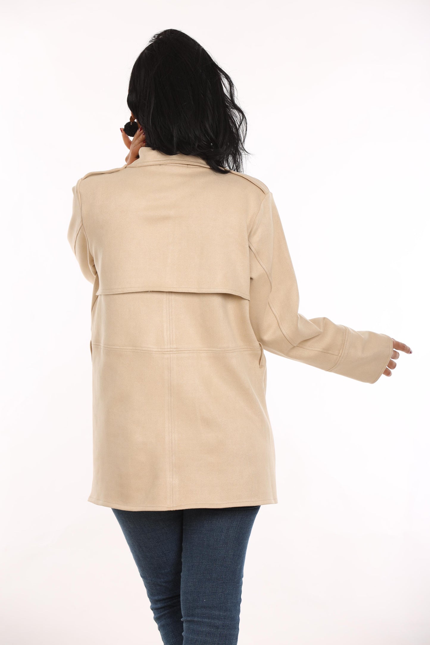 Ella’s Beige Midi Suede Trench Coat