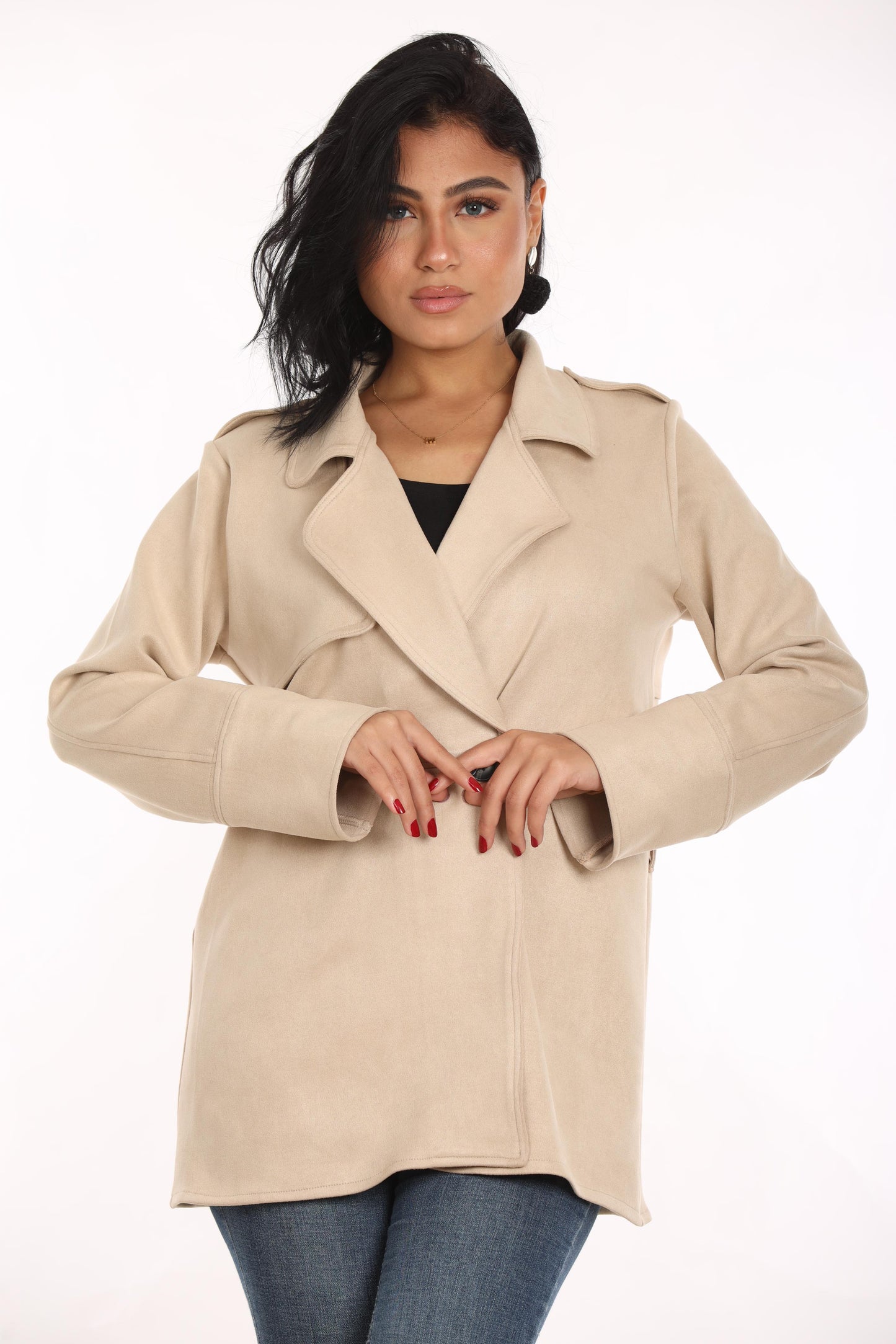 Ella’s Beige Midi Suede Trench Coat