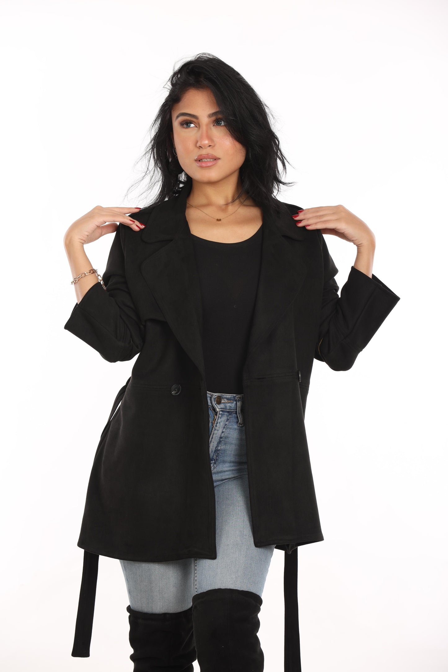 Ella’s Black Midi Suede Trench Coat