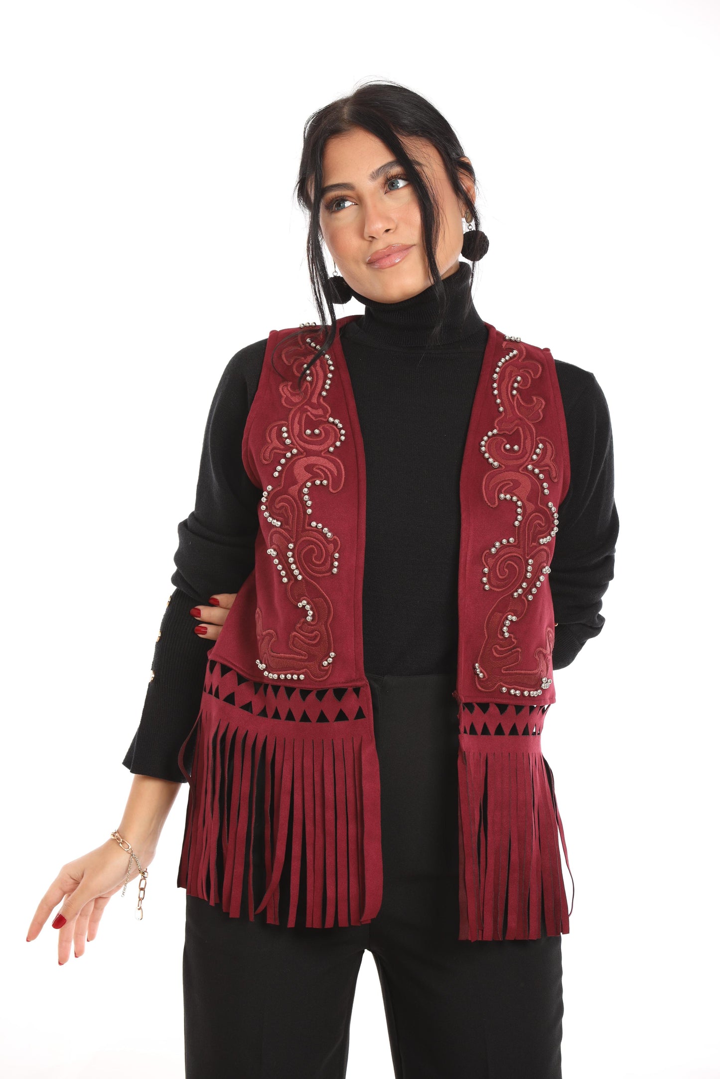 Ella's Burgundy Embroidery Suede Fringes Vest