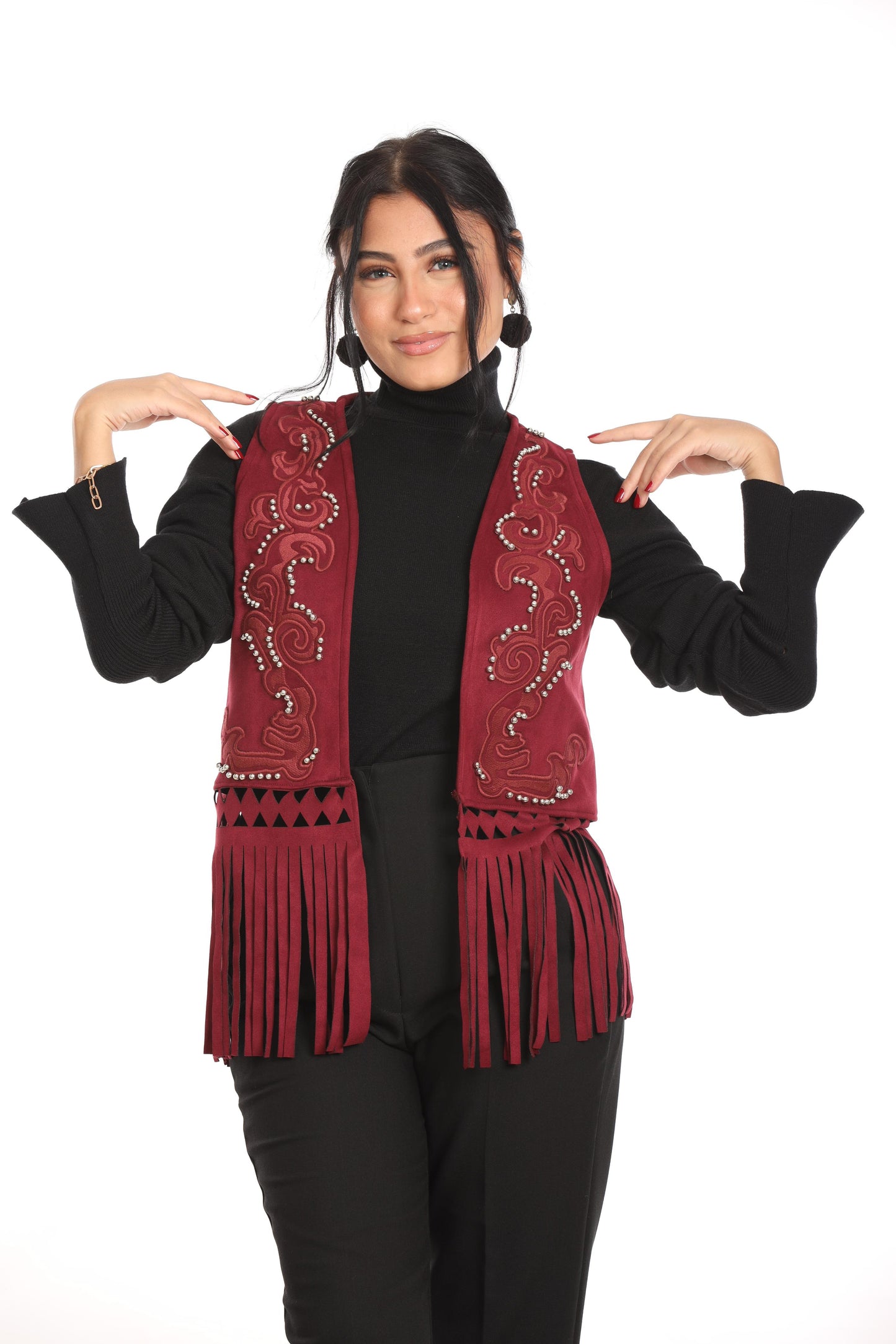 Ella's Burgundy Embroidery Suede Fringes Vest