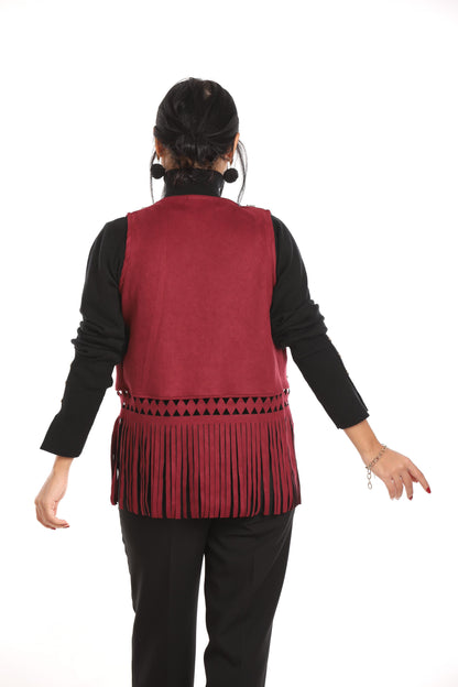 Ella's Burgundy Embroidery Suede Fringes Vest