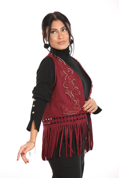 Ella's Burgundy Embroidery Suede Fringes Vest