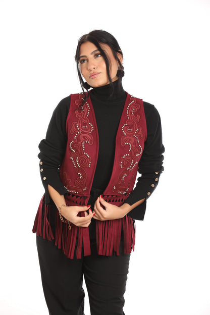 Ella's Burgundy Embroidery Suede Fringes Vest