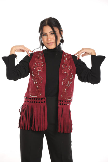 Ella's Burgundy Embroidery Suede Fringes Vest