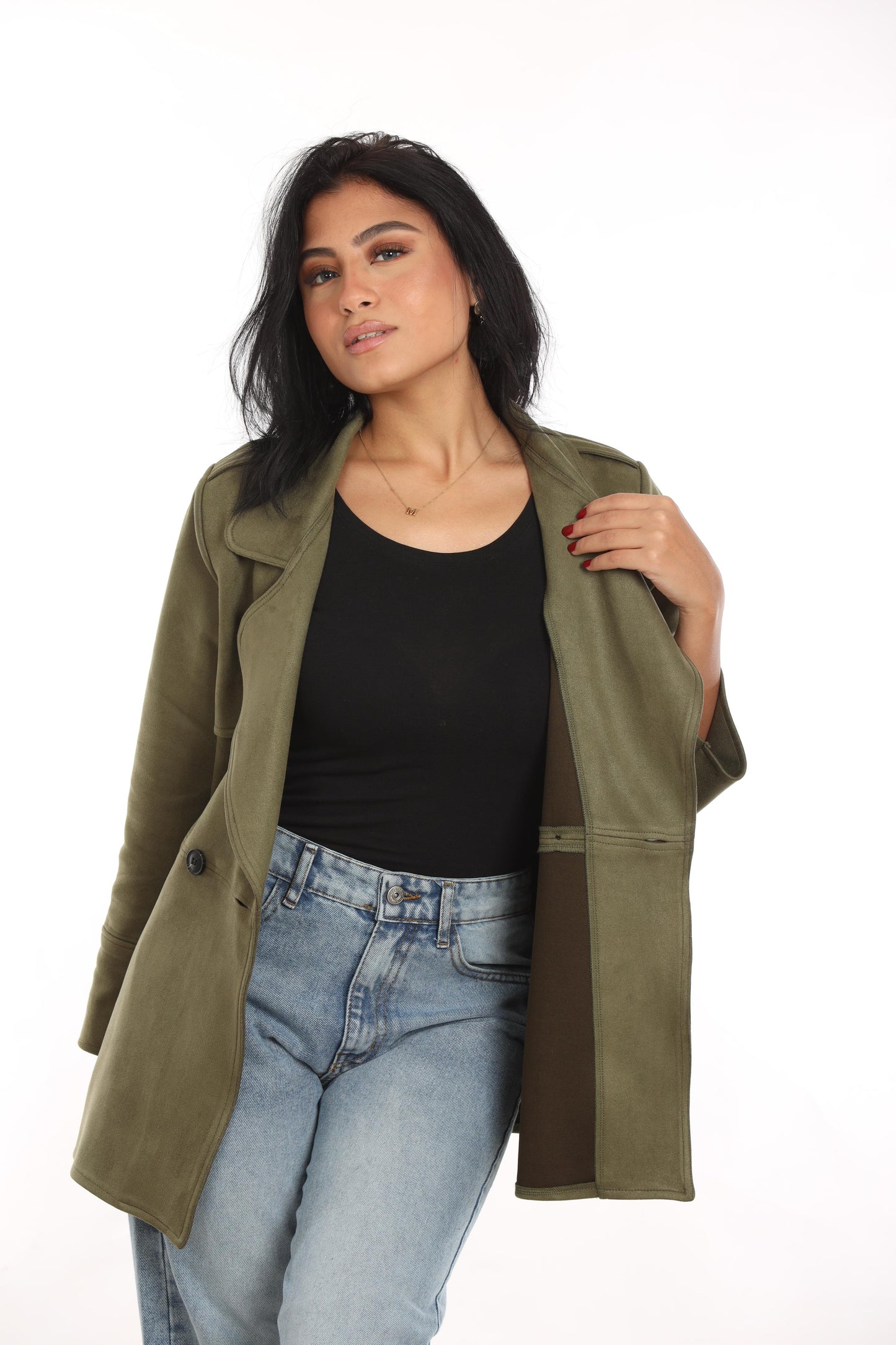 Ella’s Olive Midi Suede Trench Coat