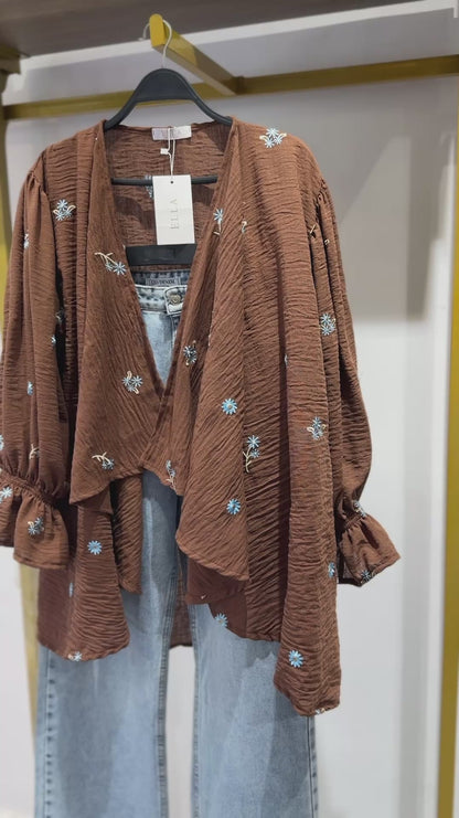 Ella’s Ruffles Embroidered Kimono In Brown