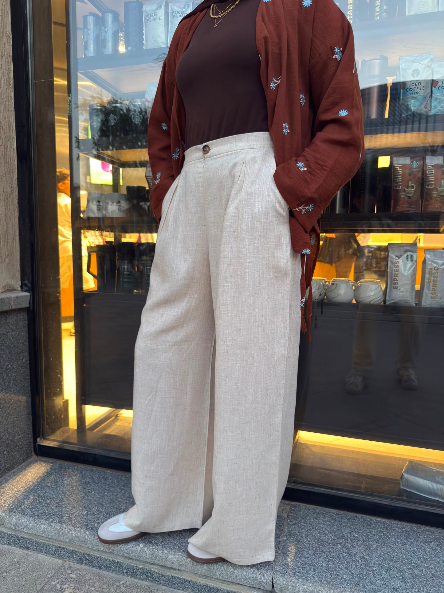 PURE COTTON LINEN PLEATED WIDE LEG PANTS