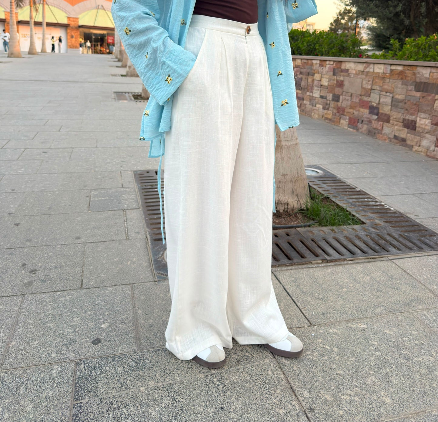 PURE COTTON LINEN PLEATED WIDE LEG PANTS