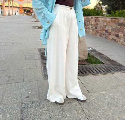 PURE COTTON LINEN PLEATED WIDE LEG PANTS