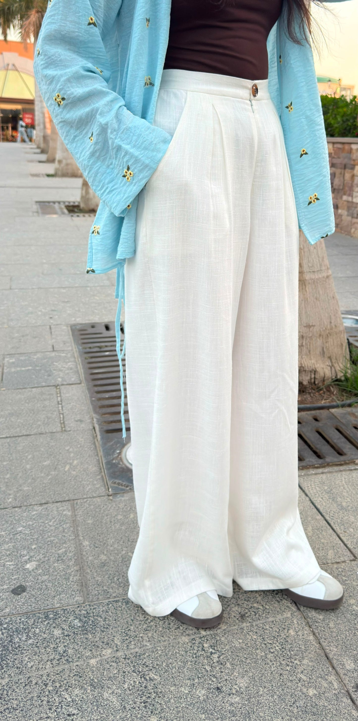 PURE COTTON LINEN PLEATED WIDE LEG PANTS