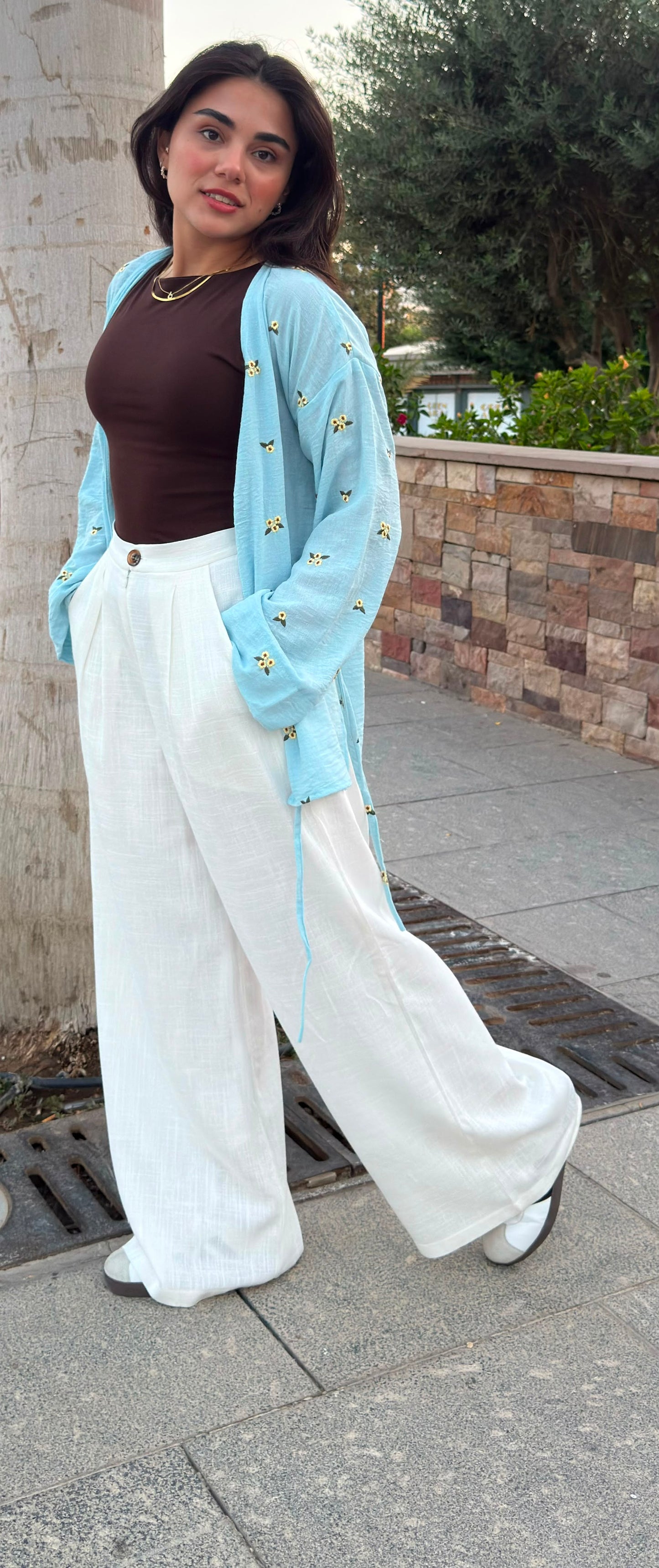 PURE COTTON LINEN PLEATED WIDE LEG PANTS