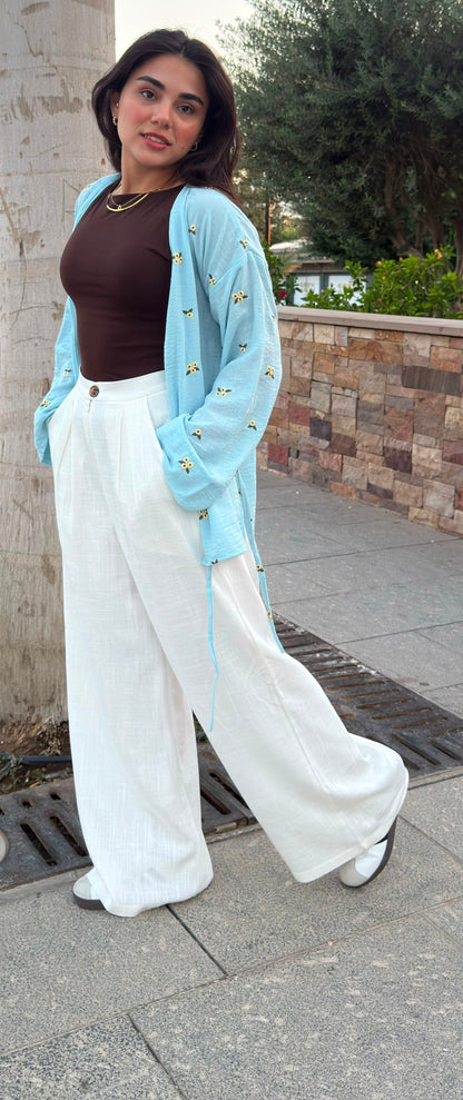 PURE COTTON LINEN PLEATED WIDE LEG PANTS