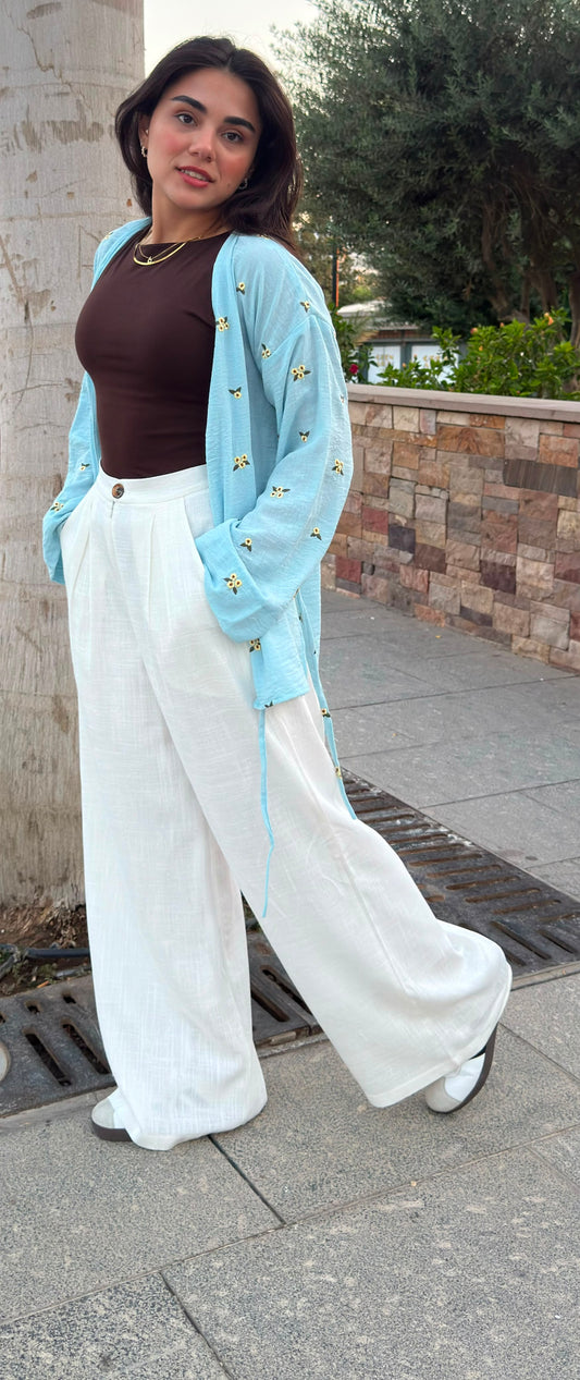 PURE COTTON LINEN PLEATED WIDE LEG PANTS