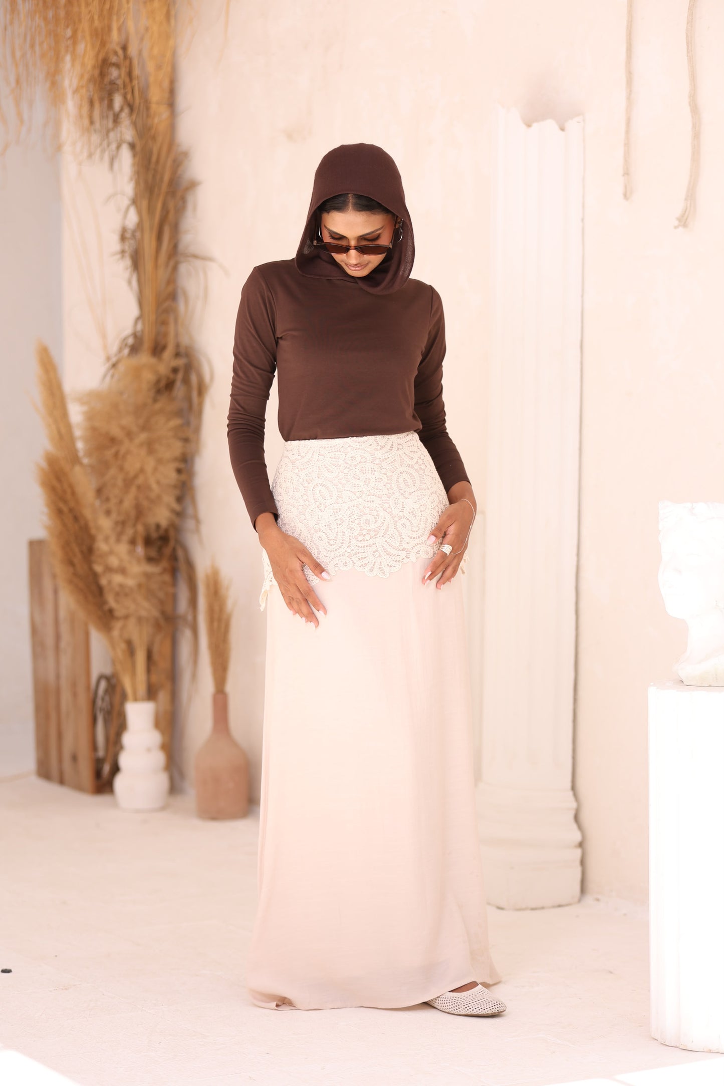 GUIPURE x LINEN SKIRT 
(FULLY LINED)