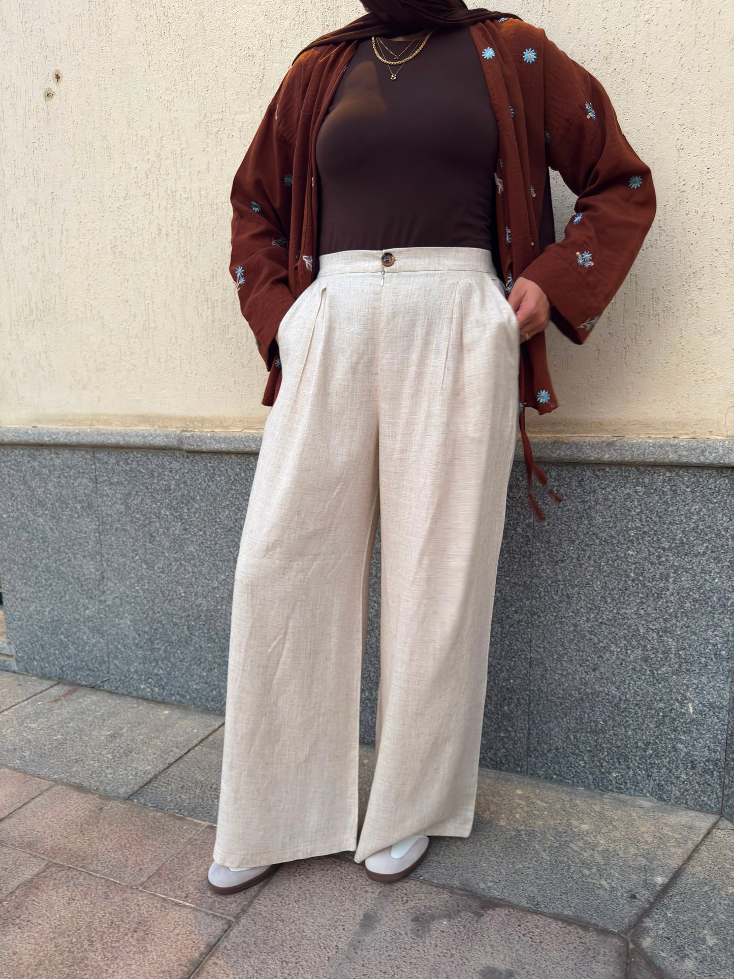 PURE COTTON LINEN PLEATED WIDE LEG PANTS