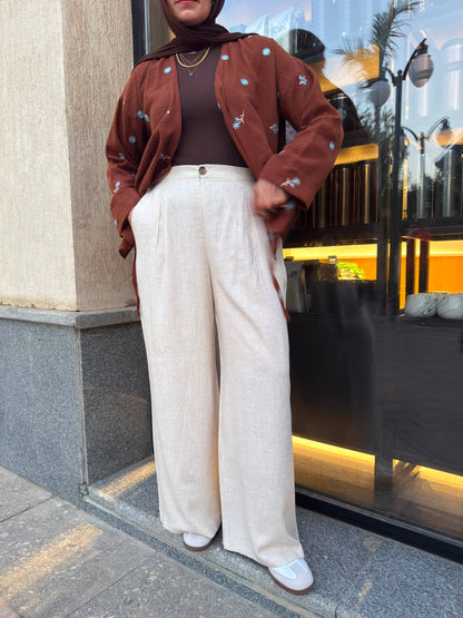 PURE COTTON LINEN PLEATED WIDE LEG PANTS